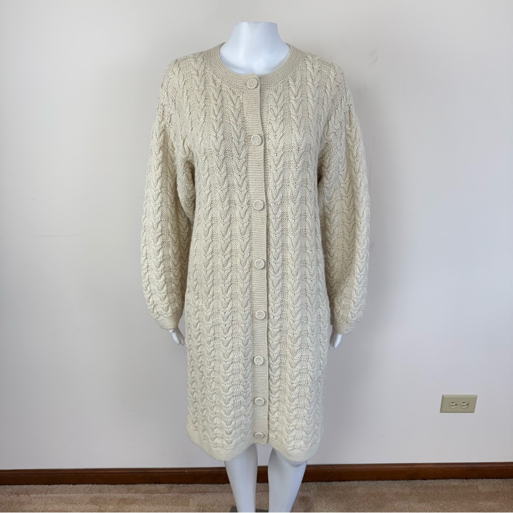 Minkha 100% Alpaca Cable Knit Button Duster Cardigan Sweater Dress Ivory Sz S